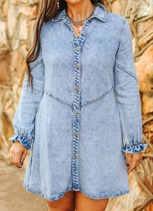 Light Vintage Wash Puff Sleeve Tencel Dress W Side Pockets