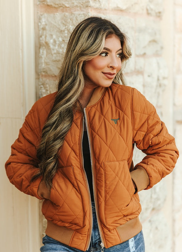 Camel Quilted Bomber Jacket Contrast Detail Teal Lining