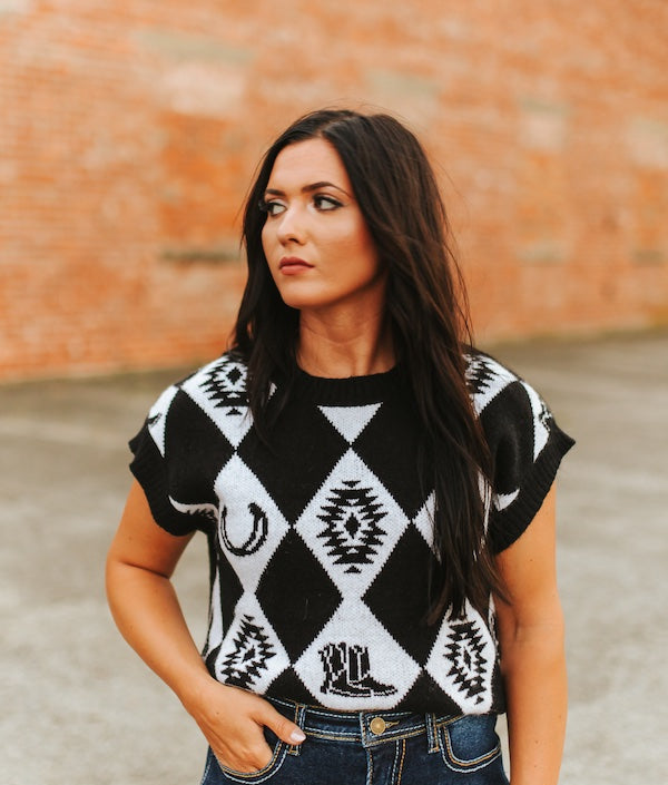 Black Checkered Knit Western Sweater Top
