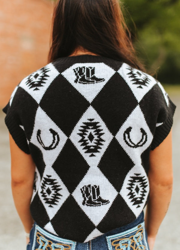 Black Checkered Knit Western Sweater Top