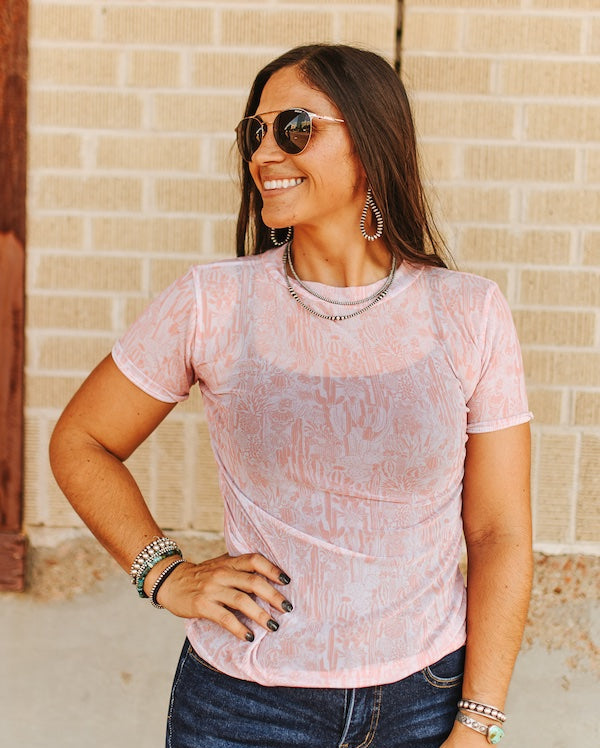 Pink Western Print Short Sleeve Mesh Top