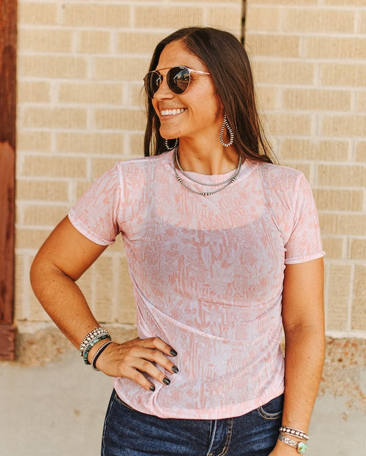 Pink Western Print Short Sleeve Mesh Top