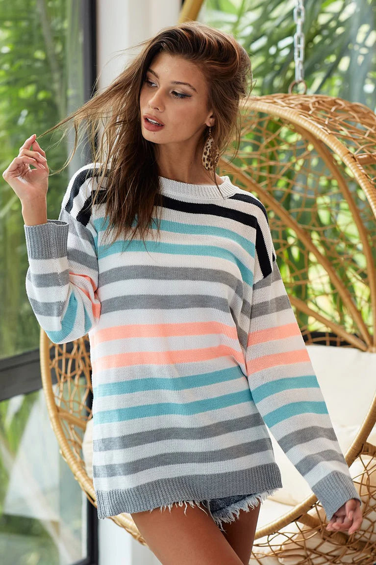 LOOSE FIT LOW GAUGE STRIPE SWEATER TOP