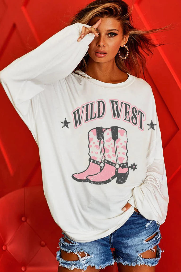 JERSEY KNIT PULL OVER WITH WILD WEST WESTERN BOOTS GRAPHIC IVORY