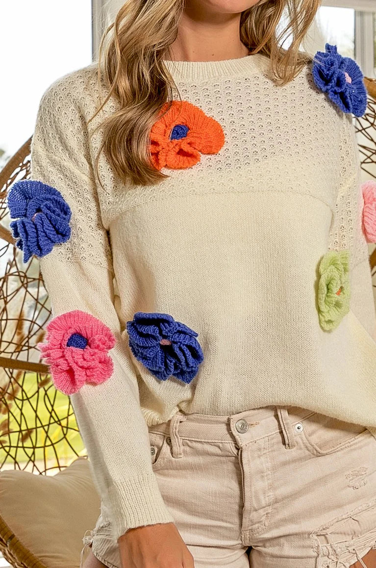 THREE DIMENSIONAL FLOWER DETAILED SWEATER