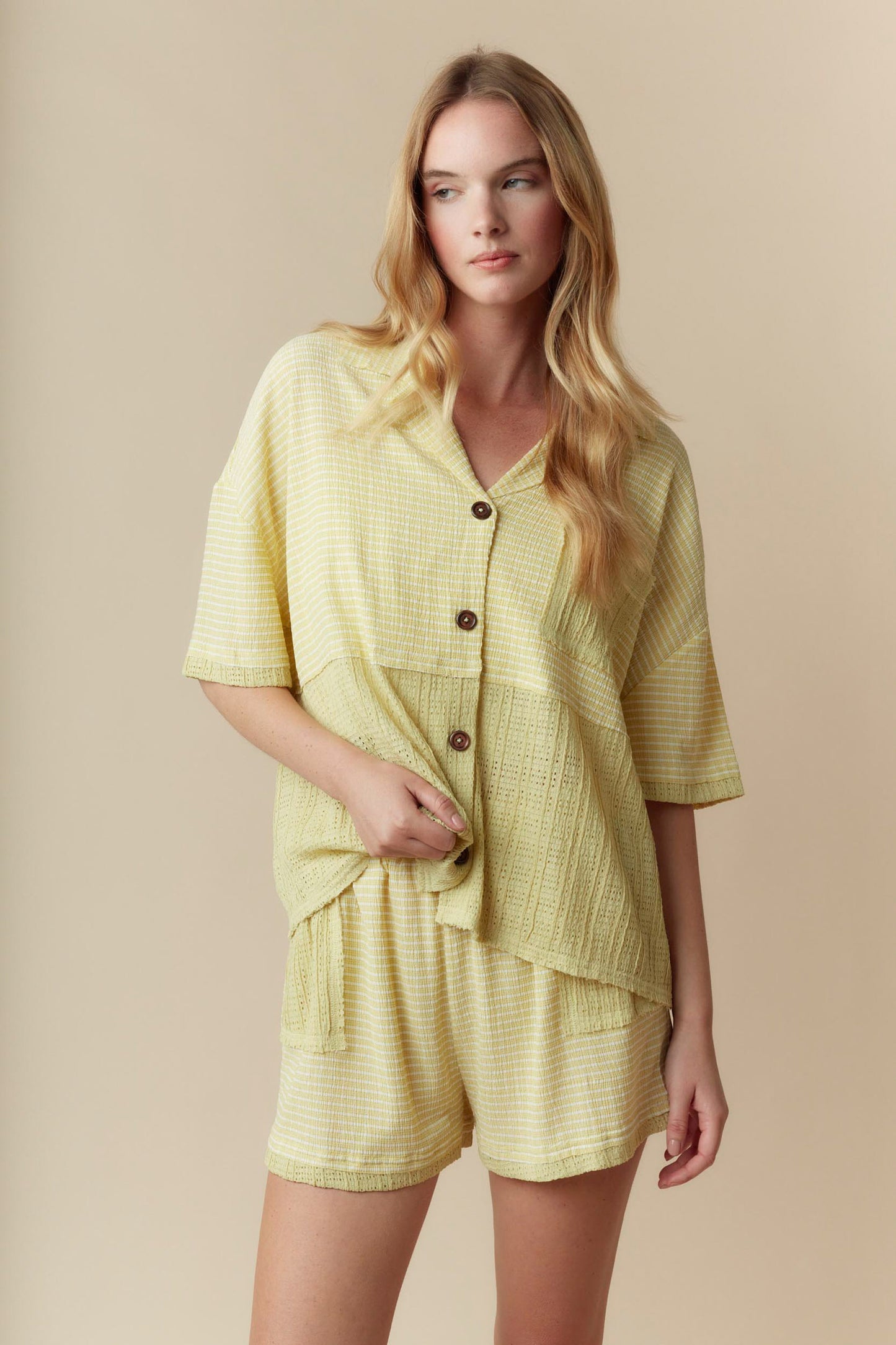 Short Sleeve Button Down Stripe Shirt and Shorts Set Lime