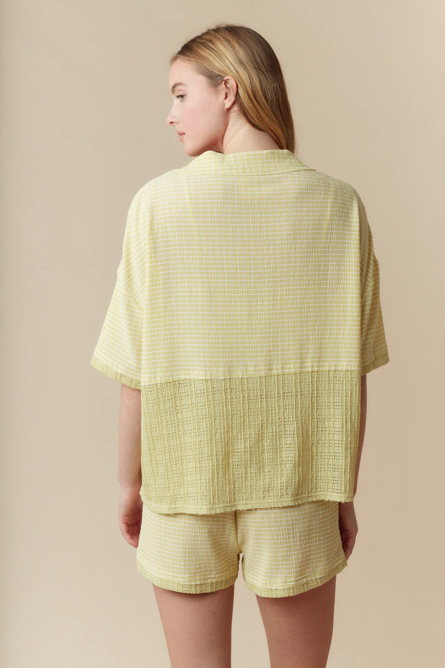 Short Sleeve Button Down Stripe Shirt and Shorts Set Lime