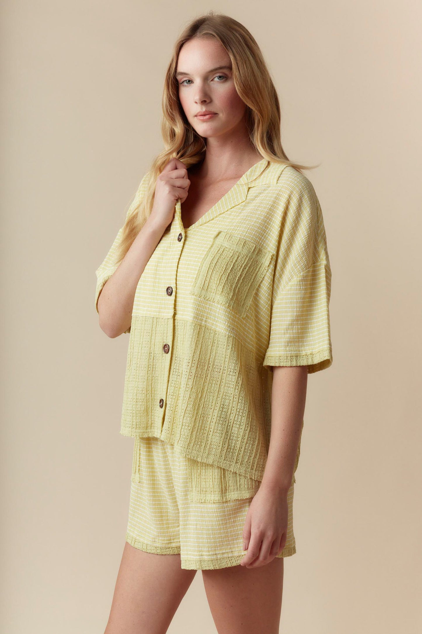Short Sleeve Button Down Stripe Shirt and Shorts Set Lime
