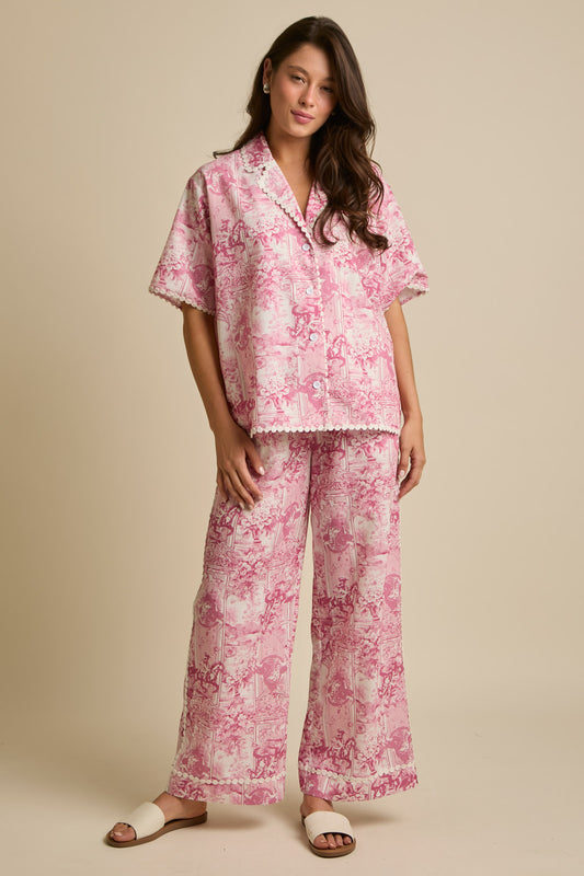 Pink Western Print Pajama Set with Trim
