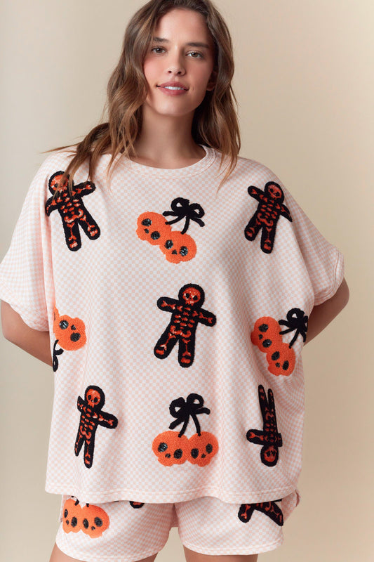 Halloween Towel Patch Detailed Short Sleeve Knit Top