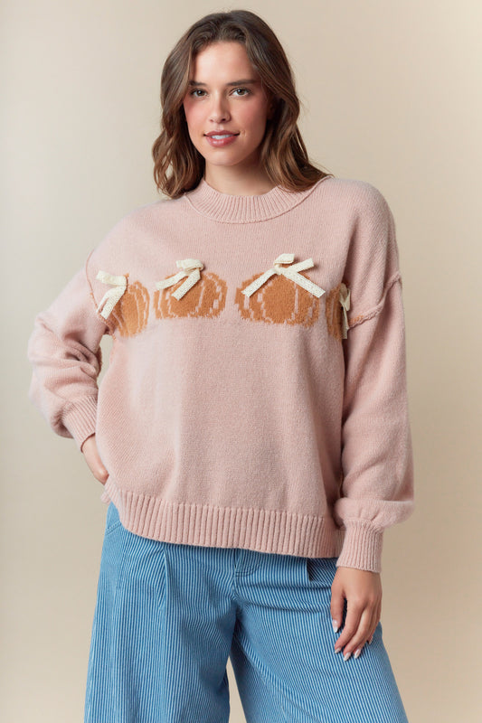 Pumpkin with Lace Bow on Top Detailed Sweater
