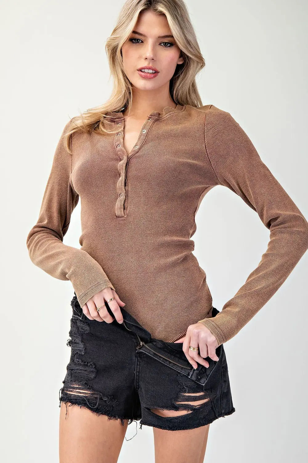 Copper Mineral Washed Henley Bodysuit