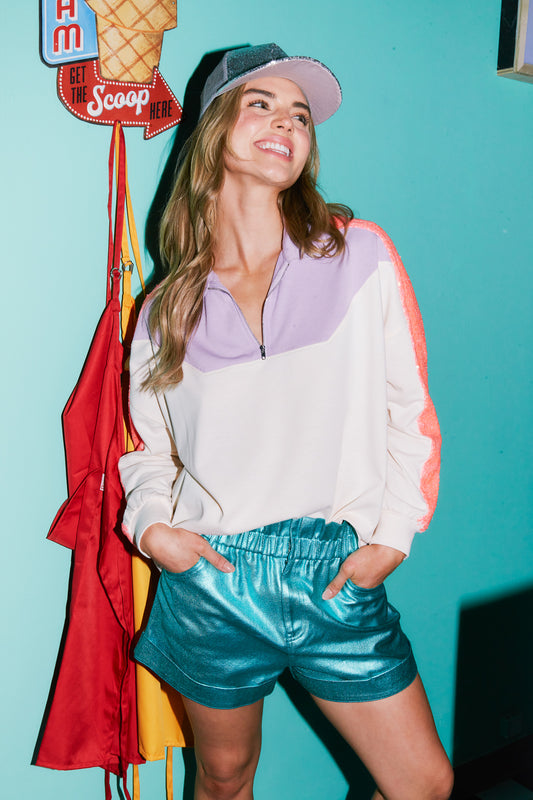 Color Block Zip Up Top with Shoulder Sequins