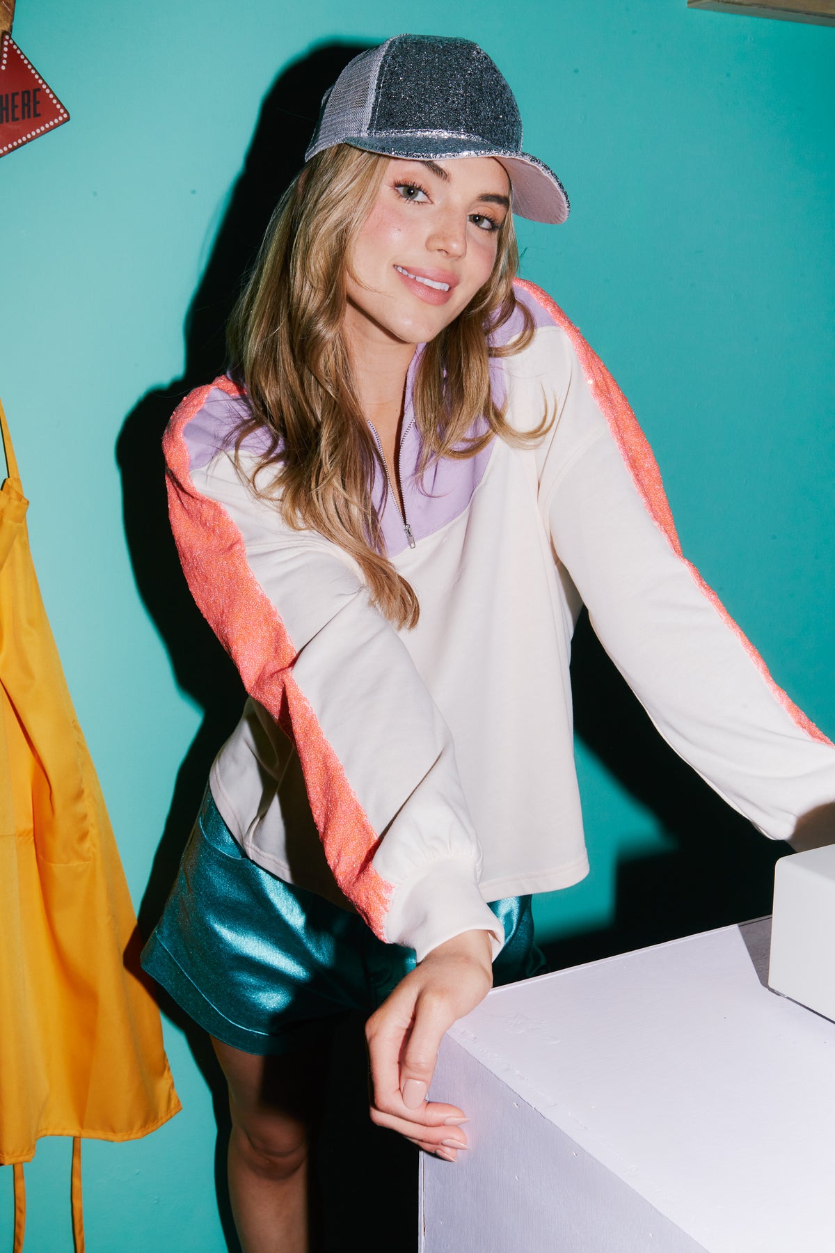 Color Block Zip Up Top with Shoulder Sequins