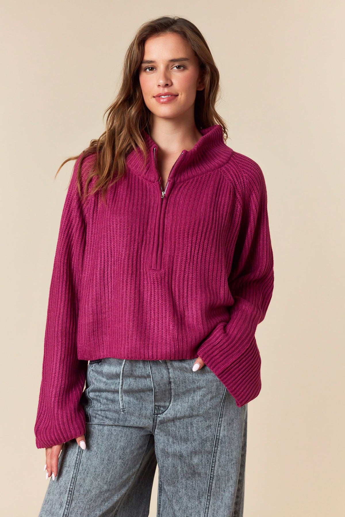 Pullover 3 Quarter Zipper Raglan Sweater Top