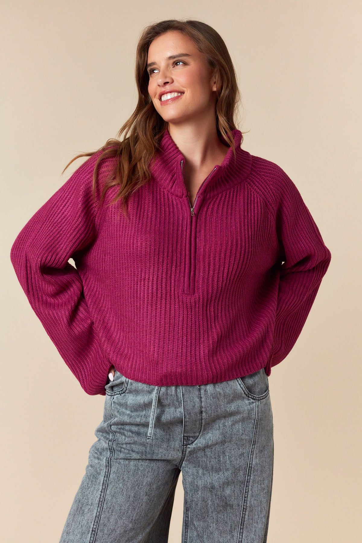 Pullover 3 Quarter Zipper Raglan Sweater Top