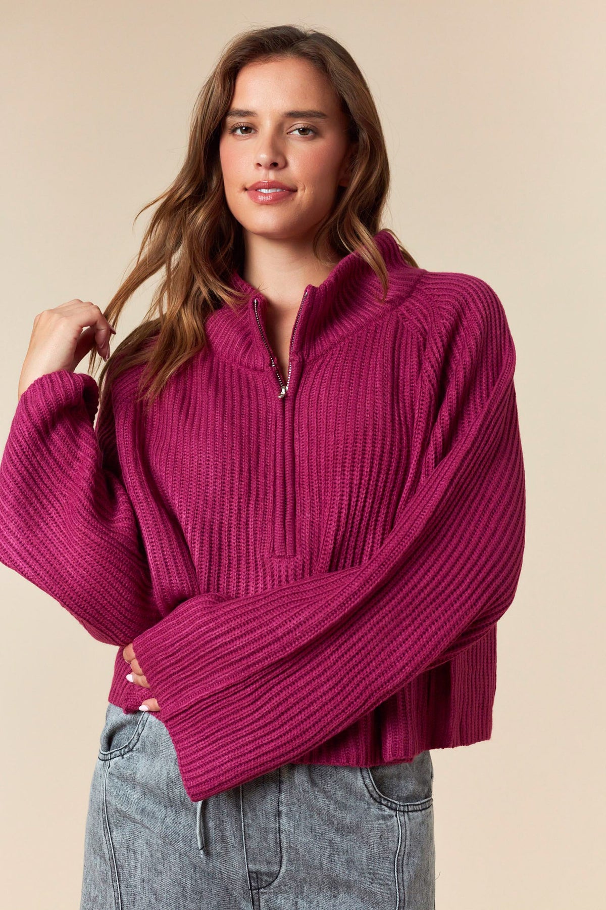 Pullover 3 Quarter Zipper Raglan Sweater Top