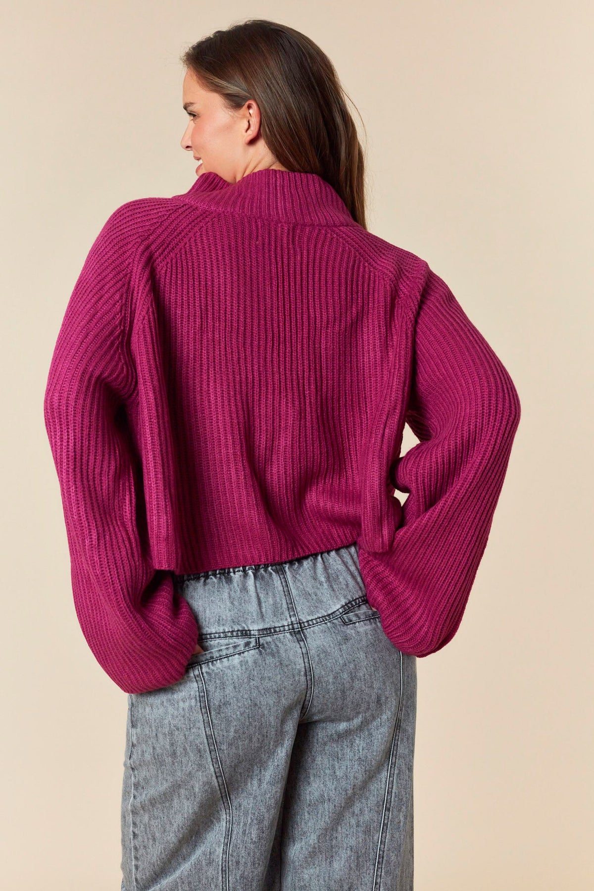Pullover 3 Quarter Zipper Raglan Sweater Top