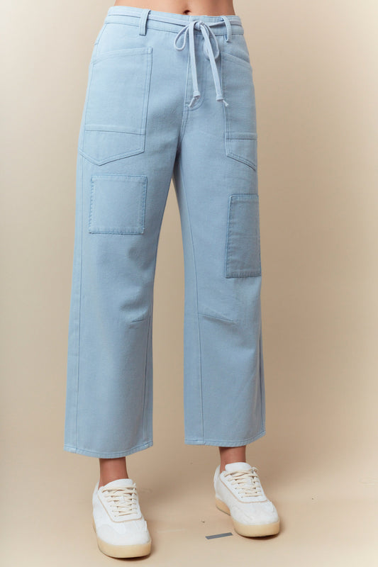 Front Belted Washed Twill Denim Pocket Detailed Pants