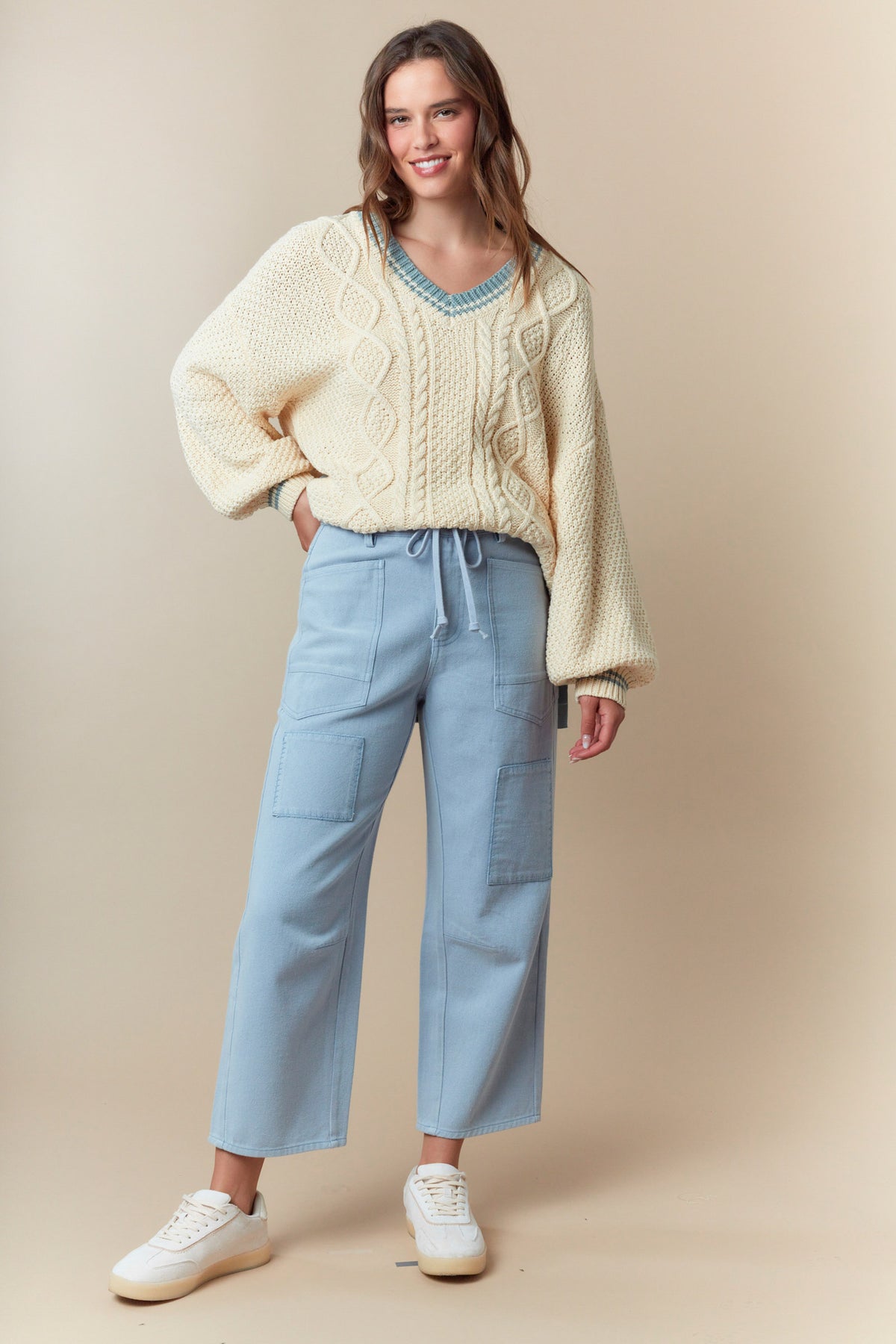 V Neck Sport Band Side Ribbon Tie Relaxed Sweater