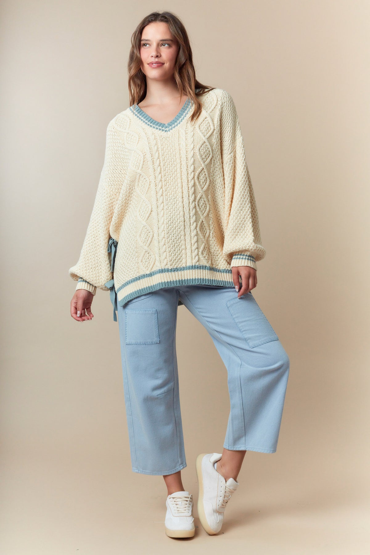 V Neck Sport Band Side Ribbon Tie Relaxed Sweater