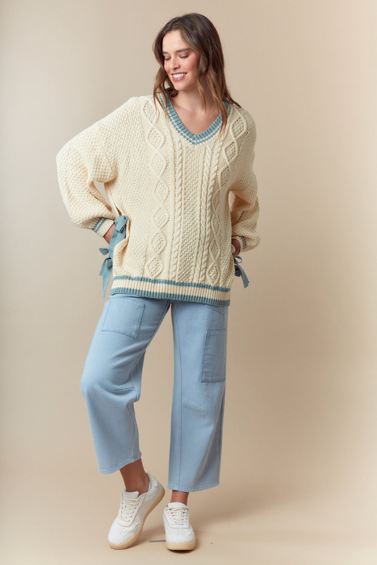 V Neck Sport Band Side Ribbon Tie Relaxed Sweater