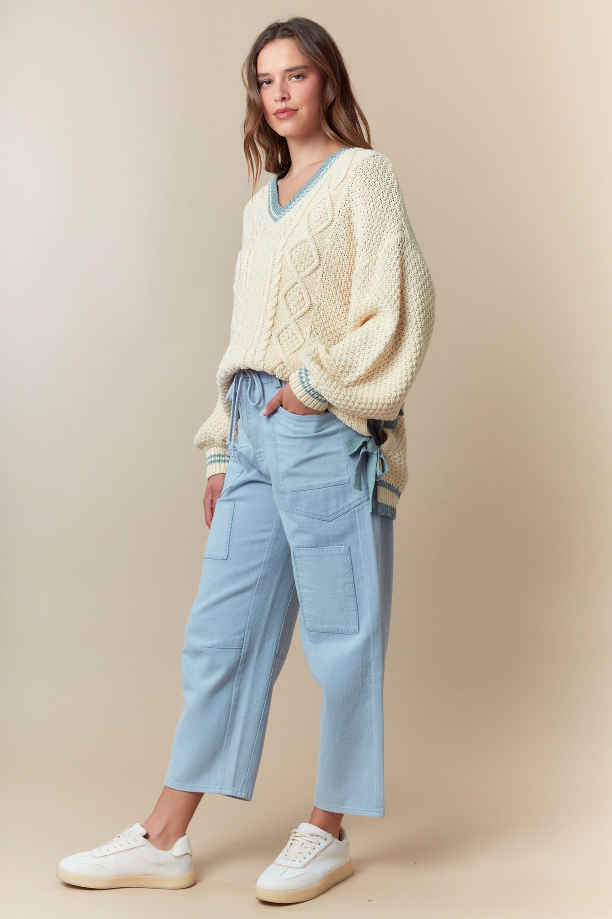 V Neck Sport Band Side Ribbon Tie Relaxed Sweater