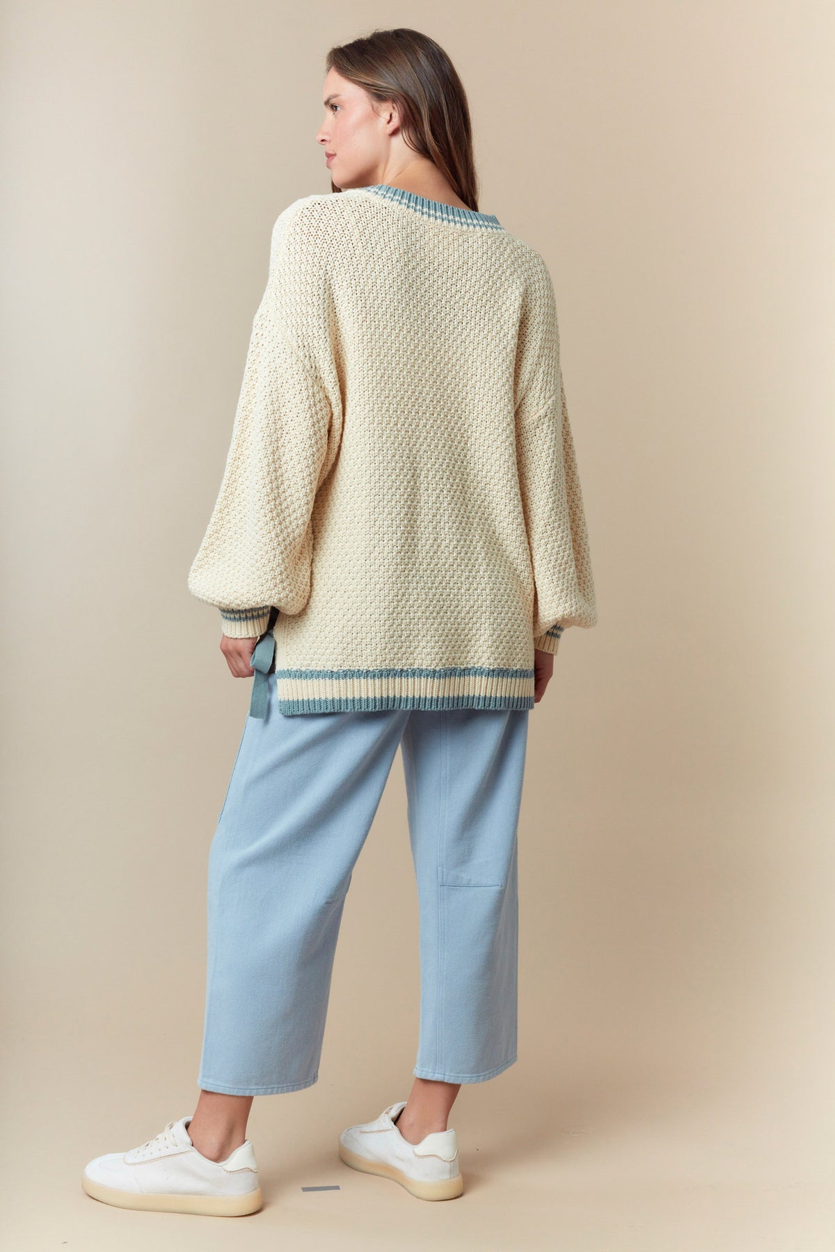 V Neck Sport Band Side Ribbon Tie Relaxed Sweater