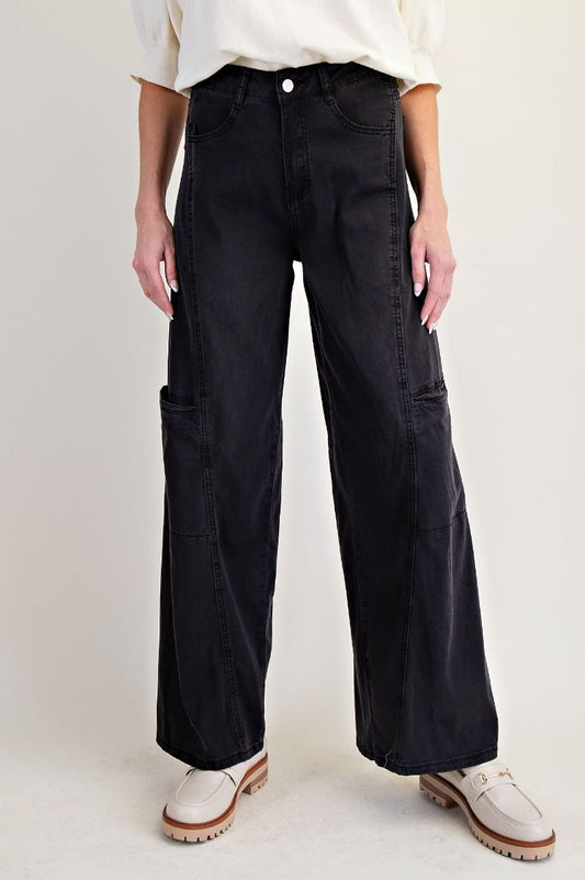 BLACK WASHED DENIM STRAIGHT PANTS