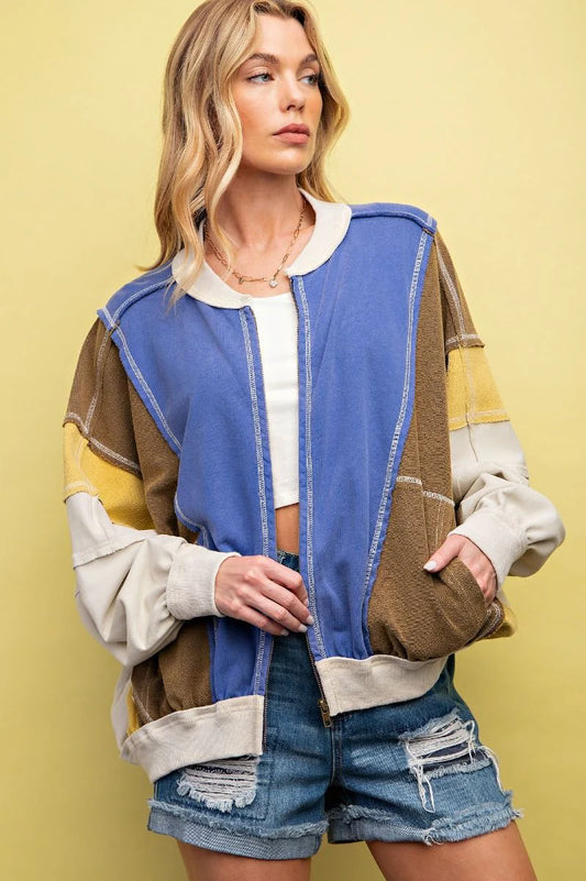 Mixed Fabric Zip-Up