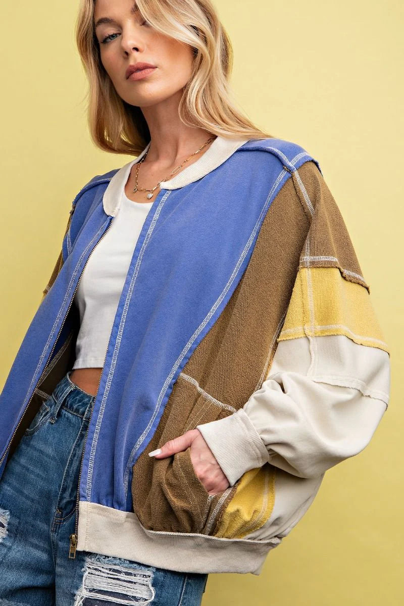 Mixed Fabric Zip-Up