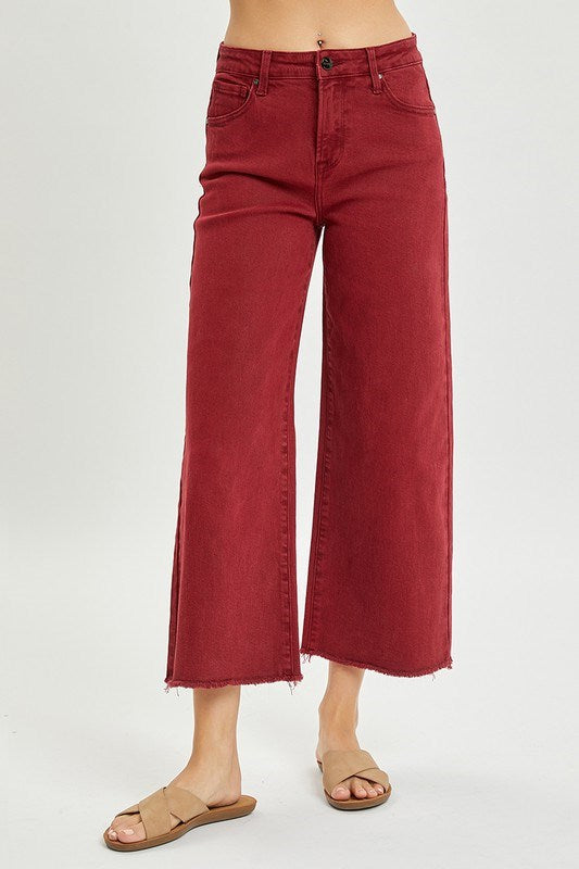 Risen High Rise Tummy Control Crop Wide Pants in Wine