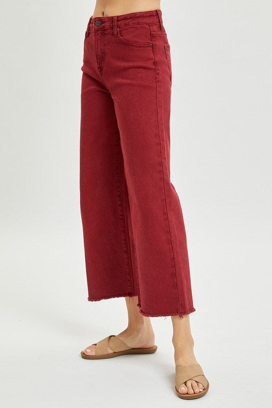 Risen High Rise Tummy Control Crop Wide Pants in Wine