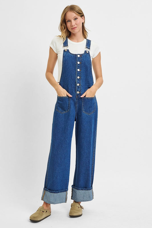 Button Down Ankle Wide Leg with Wide Cuffed Overalls