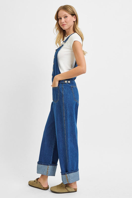 Button Down Ankle Wide Leg with Wide Cuffed Overalls