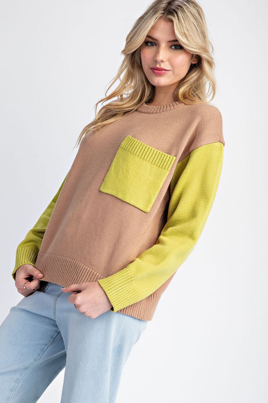 Colorblock Sweater Top With Pocket