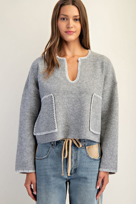 Whipstitch Patch Pocket Long Sleeve Sweater