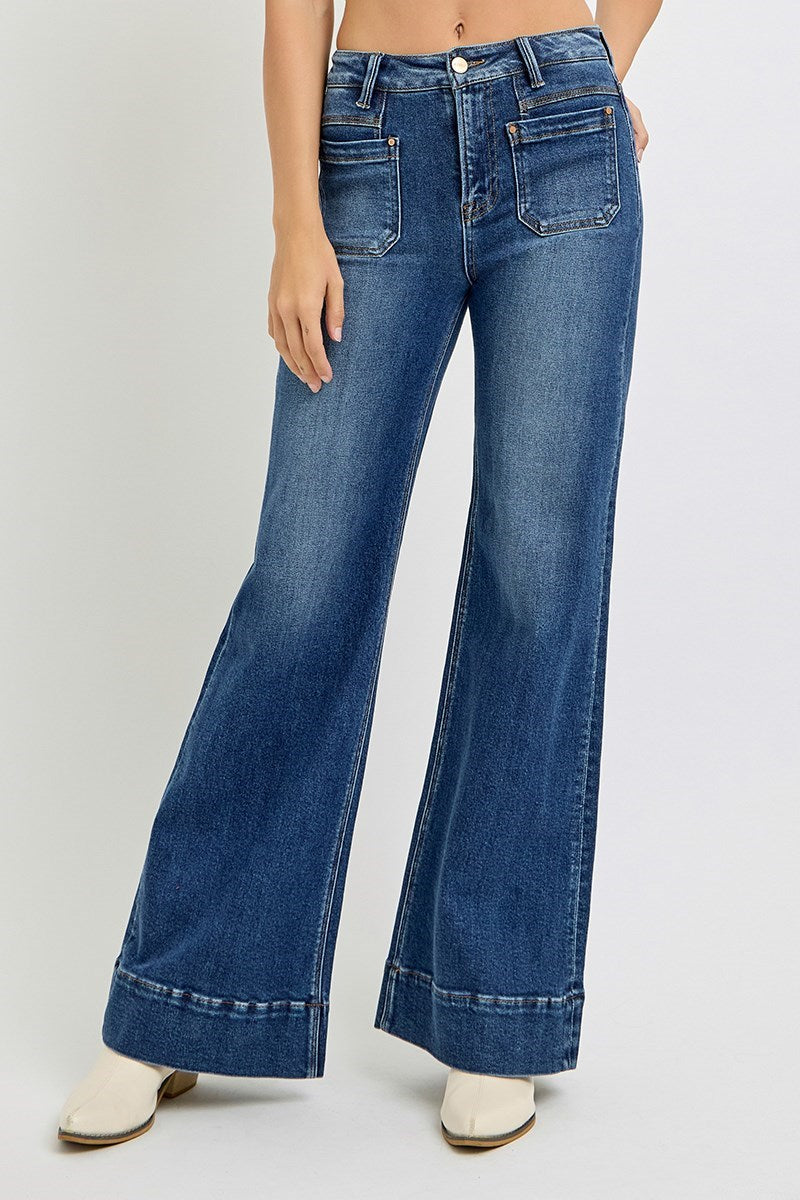 RISEN DARK HIGH RISE WIDE FLARE PATCH POCKET JEANS