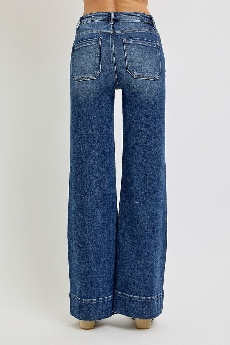 RISEN DARK HIGH RISE WIDE FLARE PATCH POCKET JEANS