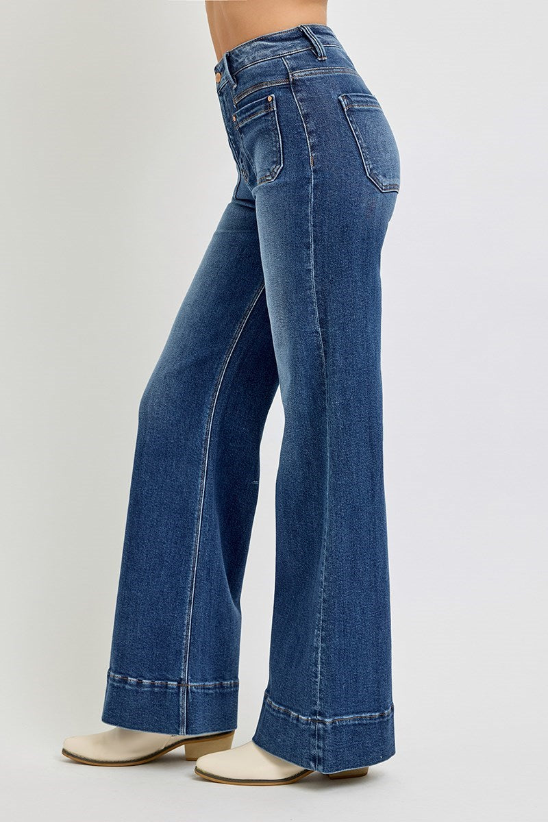 RISEN DARK HIGH RISE WIDE FLARE PATCH POCKET JEANS