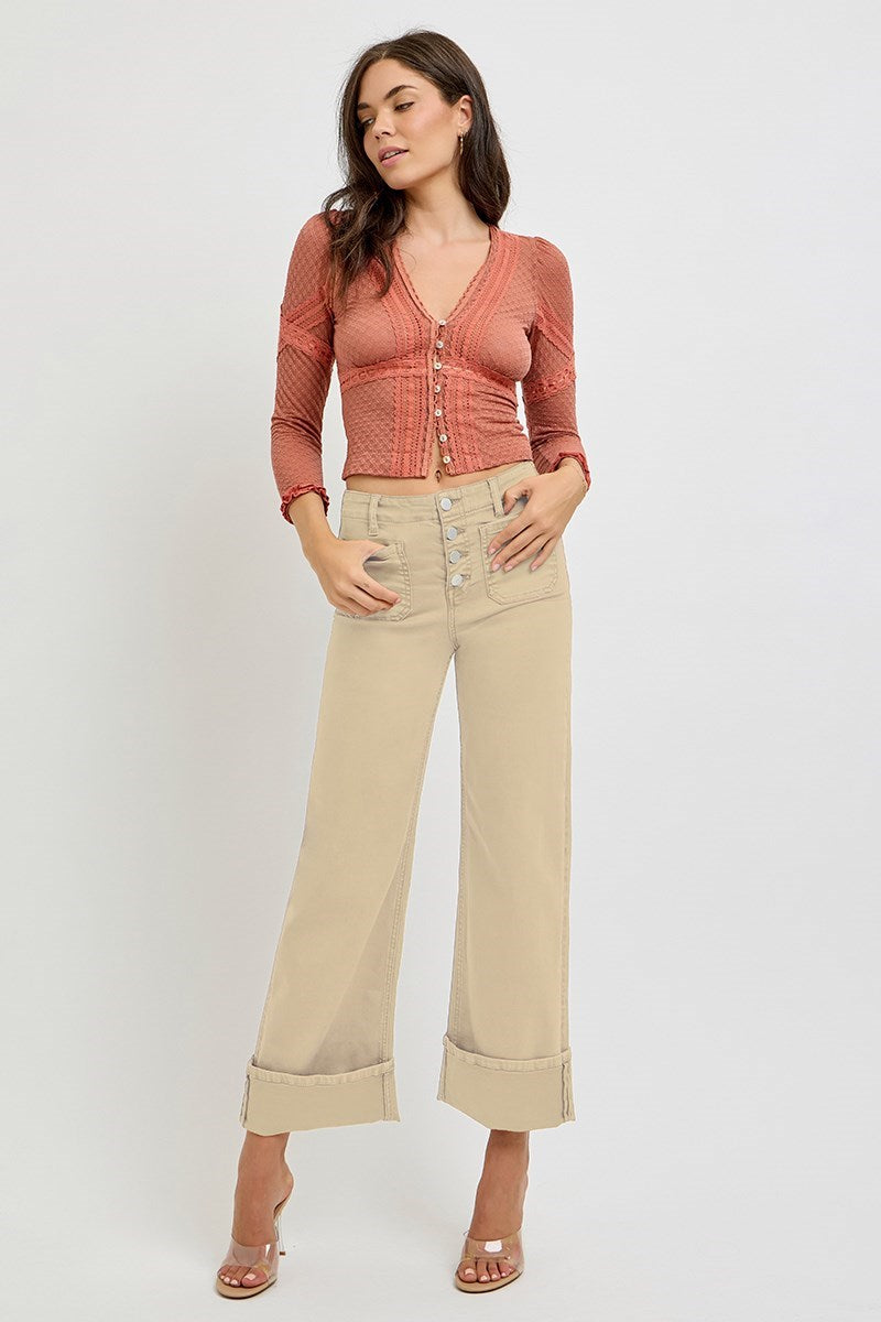 RISEN LATTE HIGH RISE WIDE LEG FRONT PATCH POCKET CUFFED PANTS