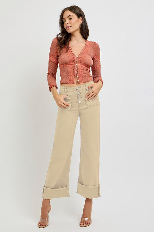 RISEN LATTE HIGH RISE WIDE LEG FRONT PATCH POCKET CUFFED PANTS
