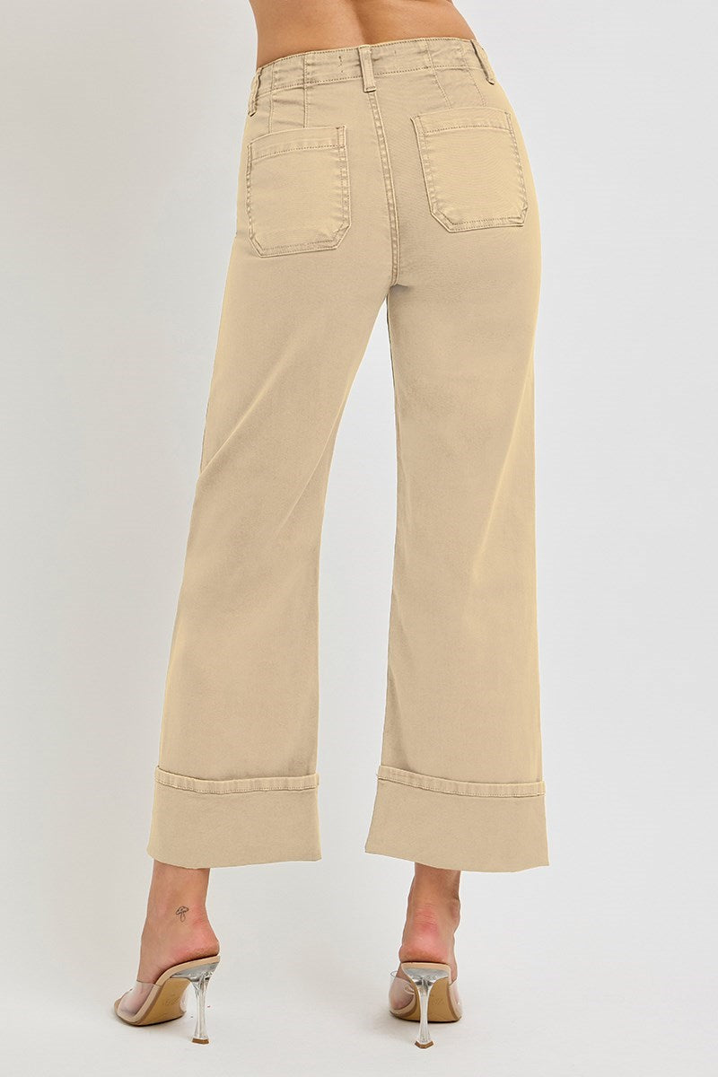 RISEN LATTE HIGH RISE WIDE LEG FRONT PATCH POCKET CUFFED PANTS