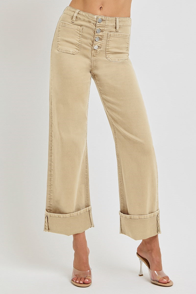 RISEN LATTE HIGH RISE WIDE LEG FRONT PATCH POCKET CUFFED PANTS