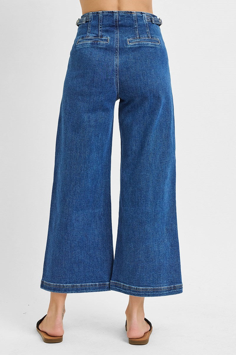 RISEN SOLID DARK HIGH RISE CROP WIDE ADJUSTABLE WAIST BAND JEANS