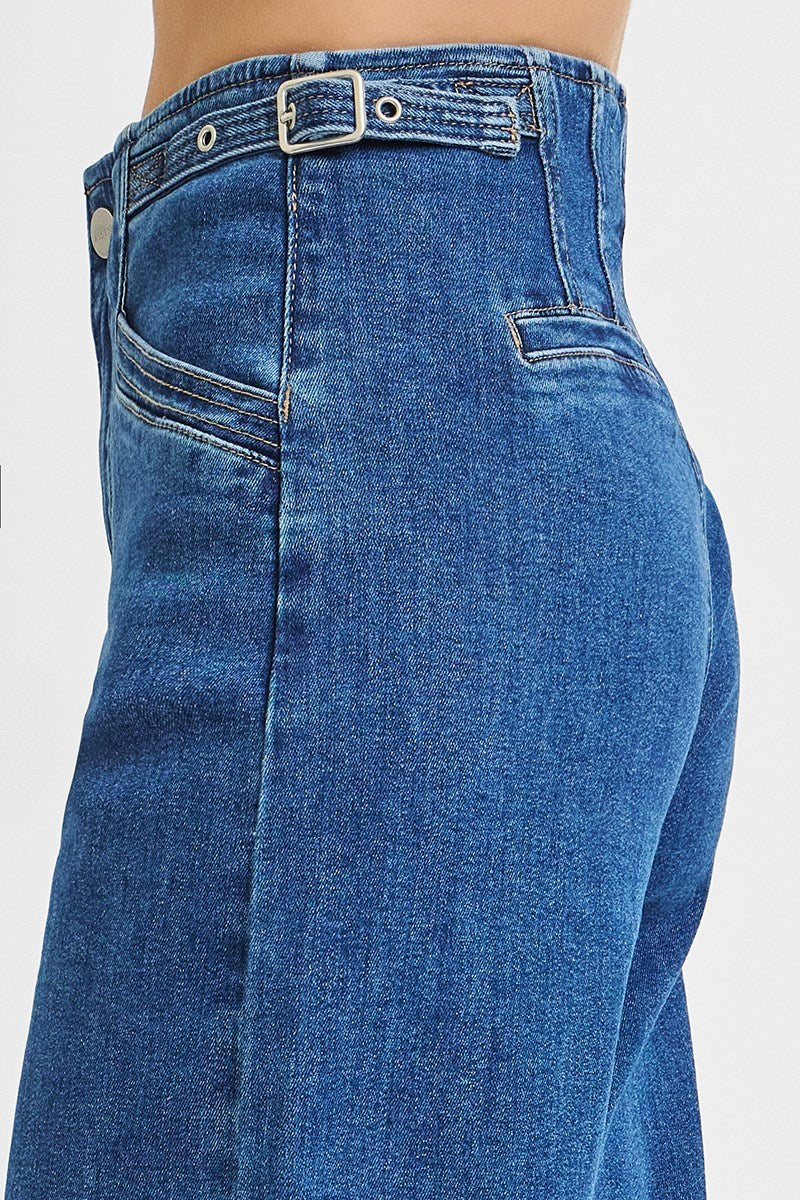 RISEN SOLID DARK HIGH RISE CROP WIDE ADJUSTABLE WAIST BAND JEANS