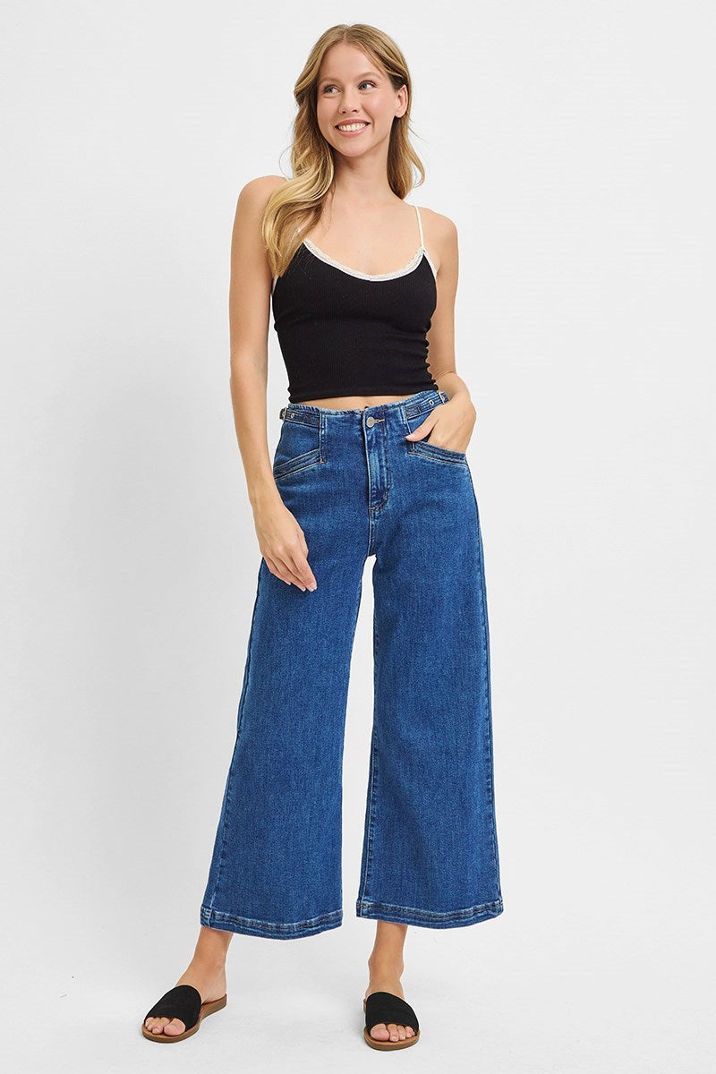 RISEN SOLID DARK HIGH RISE CROP WIDE ADJUSTABLE WAIST BAND JEANS