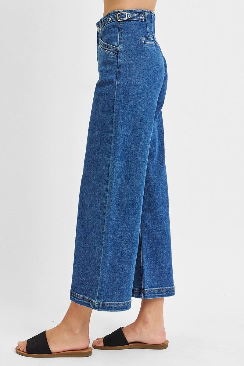 RISEN SOLID DARK HIGH RISE CROP WIDE ADJUSTABLE WAIST BAND JEANS
