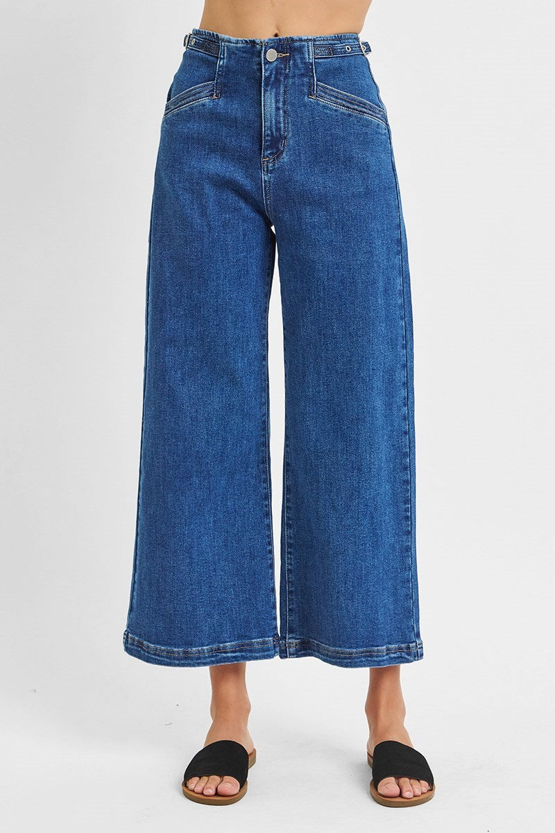 RISEN SOLID DARK HIGH RISE CROP WIDE ADJUSTABLE WAIST BAND JEANS