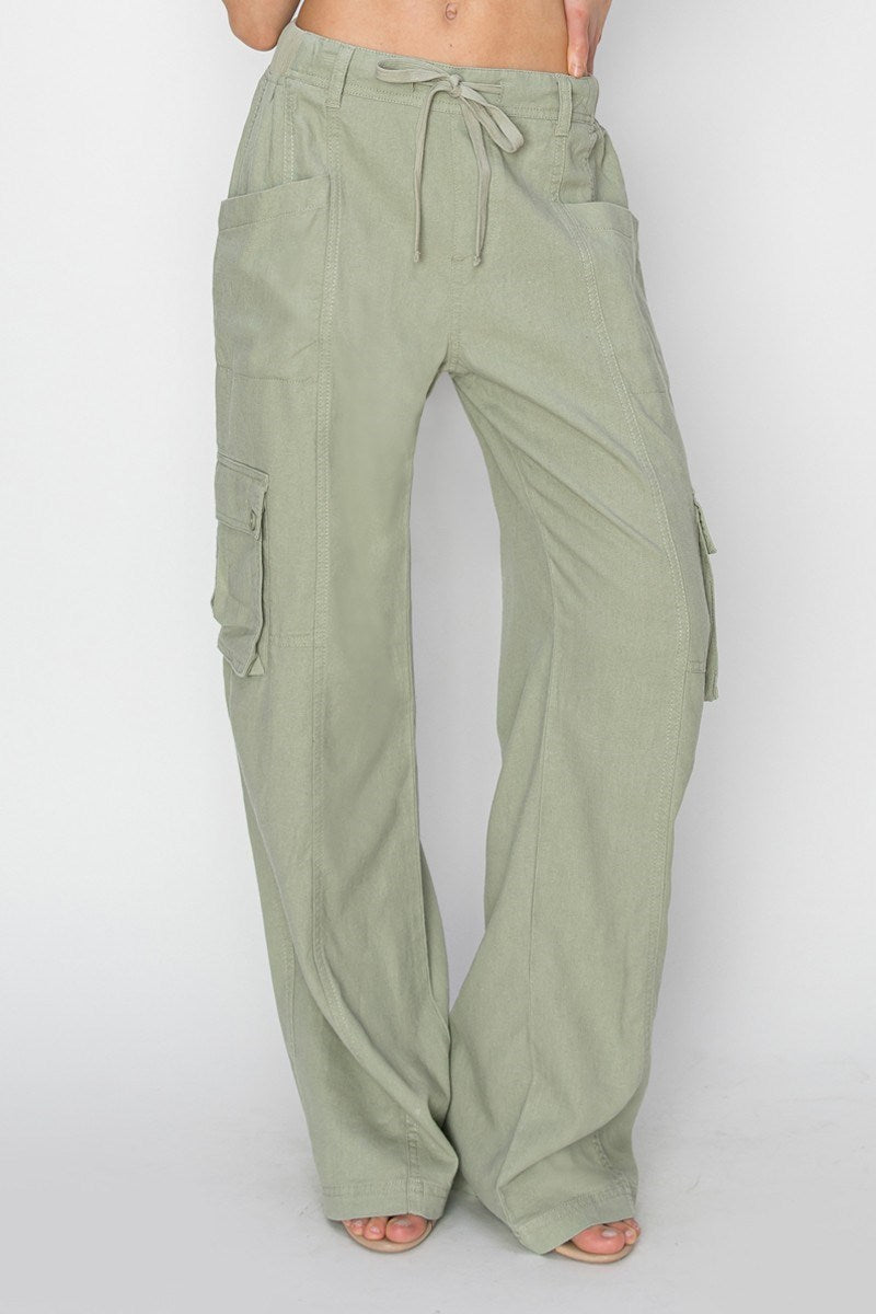 RISEN SAGE HIGH RISE LINEN WIDE CARGO PANTS